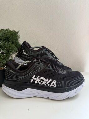 Hoka Black and White Bondi 7 Cushioned Running Shoes